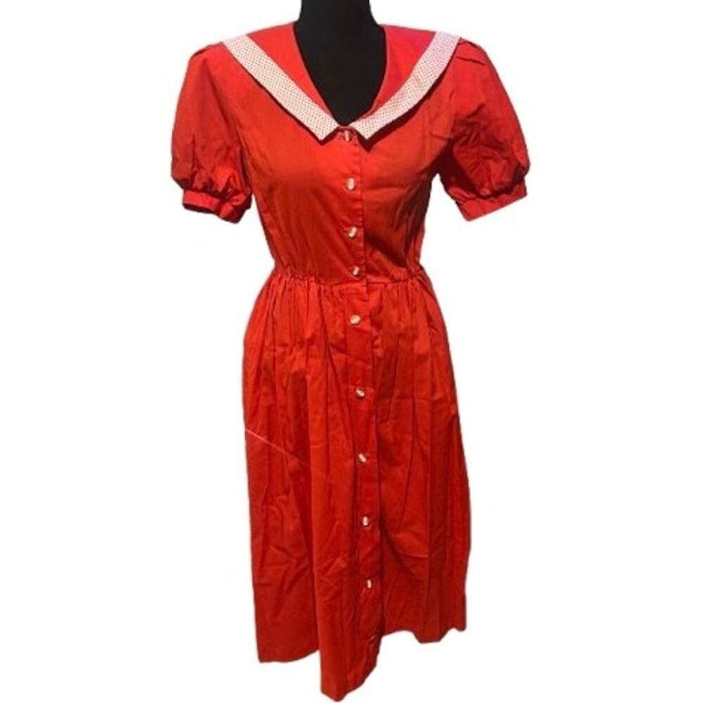 Vtg 80s CQJ Red Sailor Dress Polka Dot Bow Shoulder Pads 50s Retro Rockabilly- 5